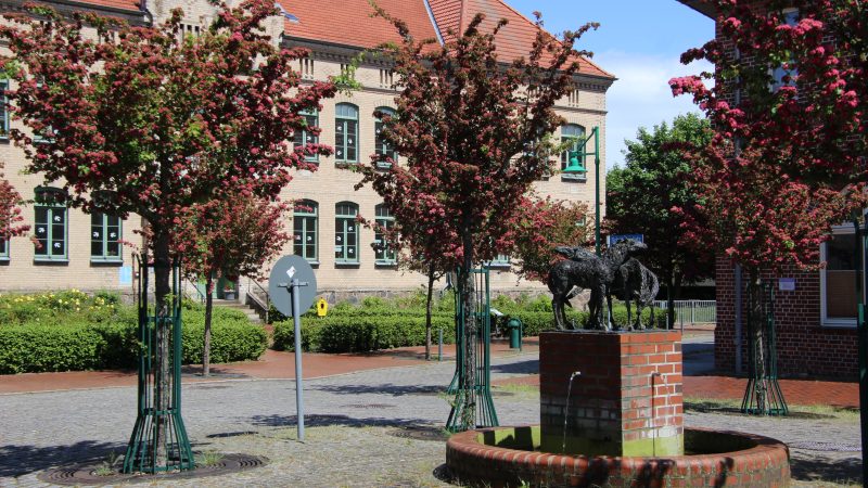 Backsteingebäude der Grundschule Goldberg, davor der Schützenplatz mit kleinen Bäumen und einer Statue mit drei Pferden